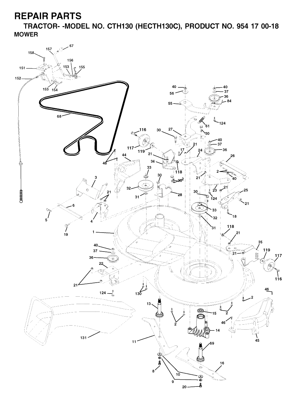 Mower Deck / Cutting Deck Diagram and Parts List for CTH130 (954170018-D)(2001-02) Husqvarna Lawn Tractor