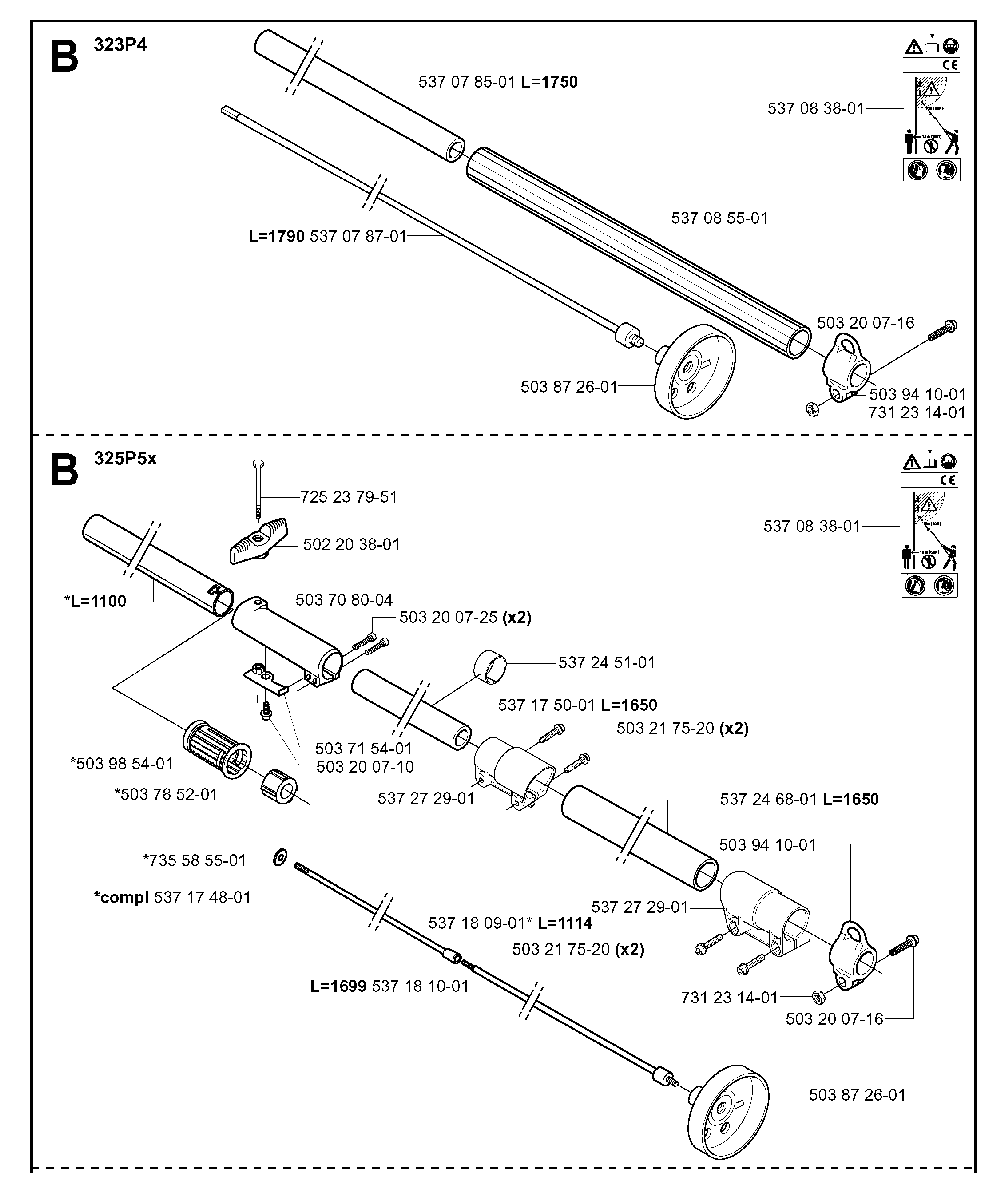 Shaft Diagram and Parts List for 323P4 20042300001-20062700000 Husqvarna Pole Saw