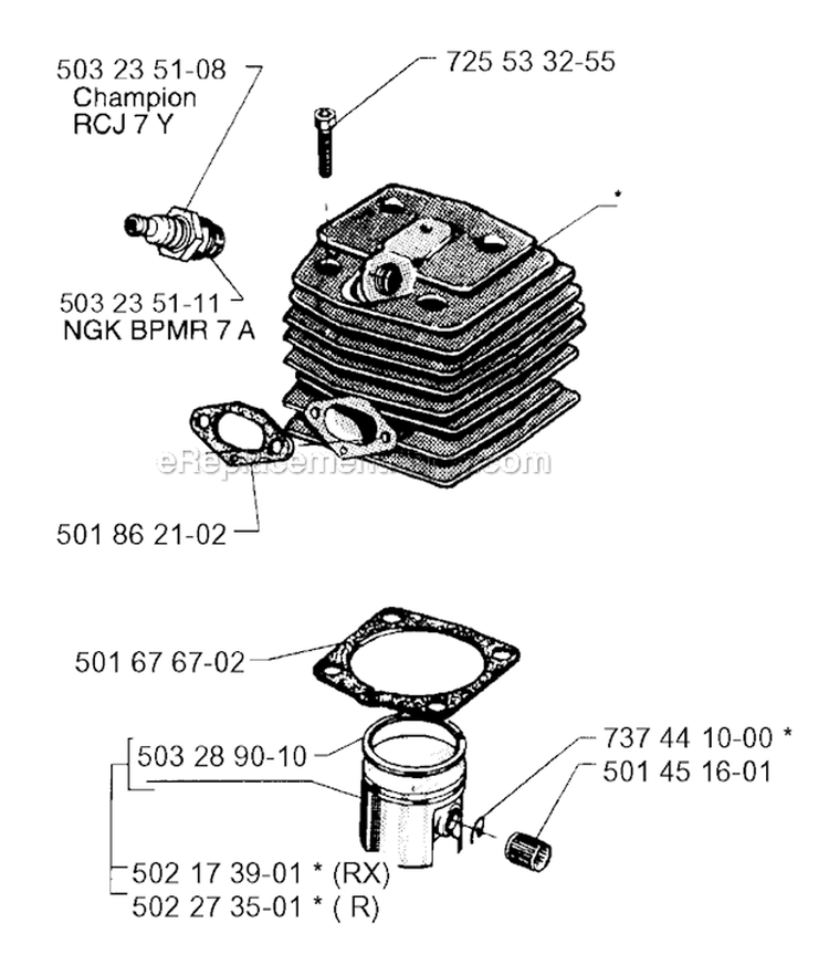 Cylinder Piston Diagram and Parts List for 250RX 1995-10 Husqvarna Brush Cutter