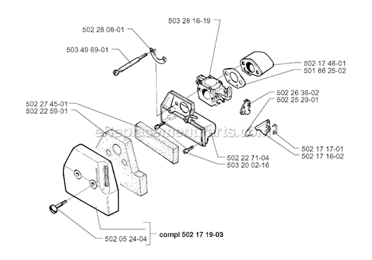 Carburetor  Air Filter Diagram and Parts List for 250RX 1997-08 Husqvarna Brush Cutter