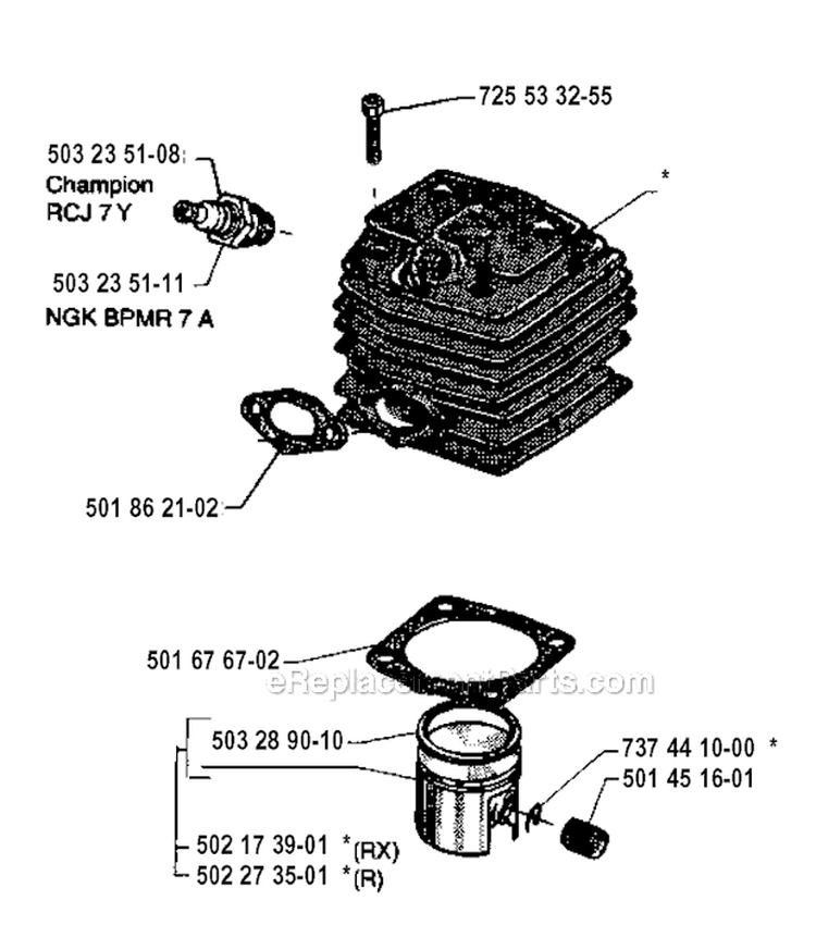 Cylinder Piston Diagram and Parts List for 250R 1994-10 Husqvarna Brush Cutter