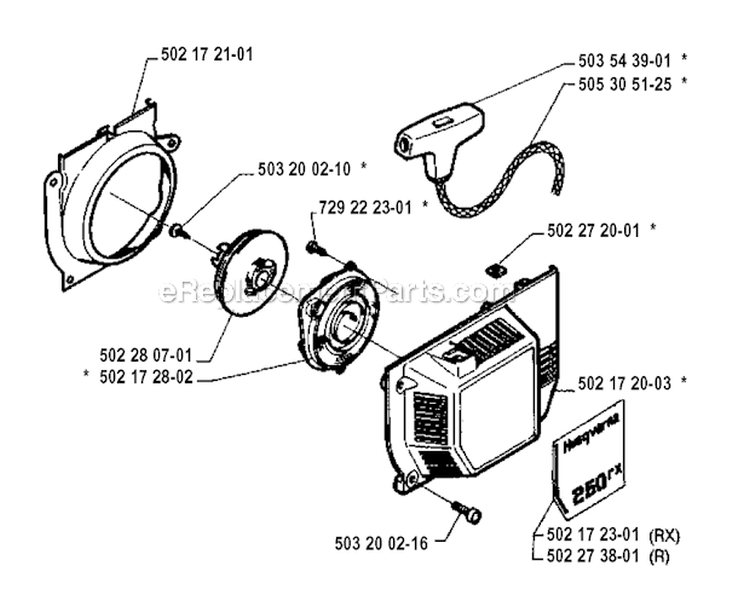 Starter Diagram and Parts List for 250R 1994-10 Husqvarna Brush Cutter