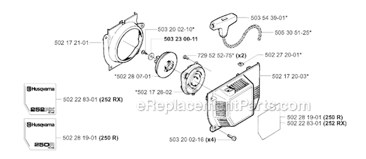 Starter Diagram and Parts List for 250R 2001-05 Husqvarna Brush Cutter
