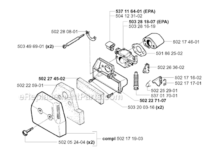 Carburetor  Air Filter Diagram and Parts List for 250R 2001-05 Husqvarna Brush Cutter