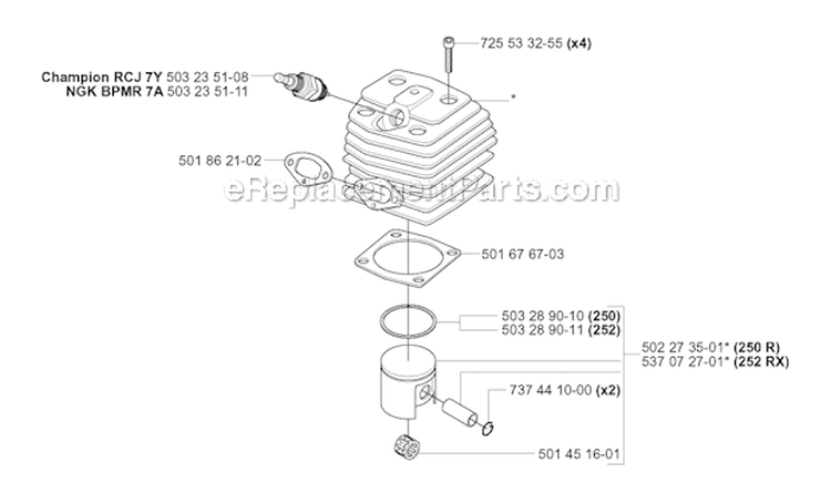 Cylinder Piston Diagram and Parts List for 250R 2006-01 Husqvarna Brush Cutter