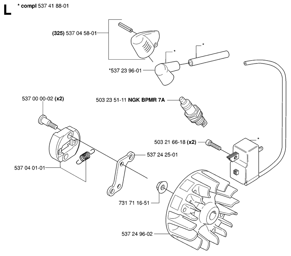 Ignition System Diagram and Parts List for 325HDA55X 20053600001 - 20054000000 Husqvarna Hedge Trimmer