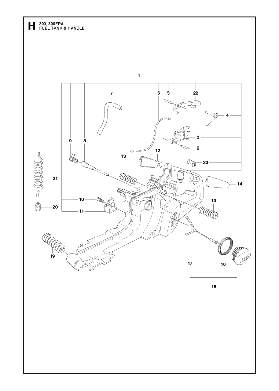 Fuel Tank And Handle Diagram and Parts List for 390XP-XPG-XPW (EPA)(20101800001 - 20111800000) Husqvarna Chainsaw