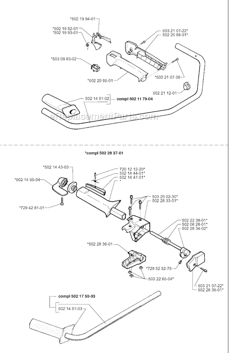 Handle  Controls Diagram and Parts List for 252RX 1997-08 Husqvarna Brush Cutter