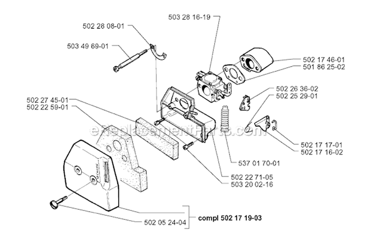 Carburetor  Air Filter Diagram and Parts List for 252RX 1999-04 Husqvarna Brush Cutter