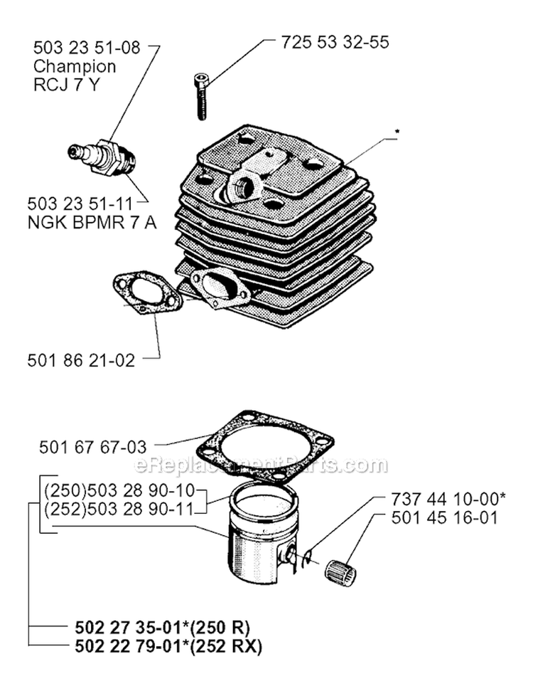 Cylinder Piston Diagram and Parts List for 252RX 1999-04 Husqvarna Brush Cutter