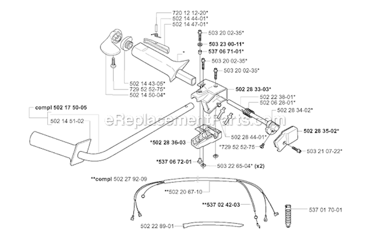 Handle  Controls Diagram and Parts List for 252RX 2001-05 Husqvarna Brush Cutter