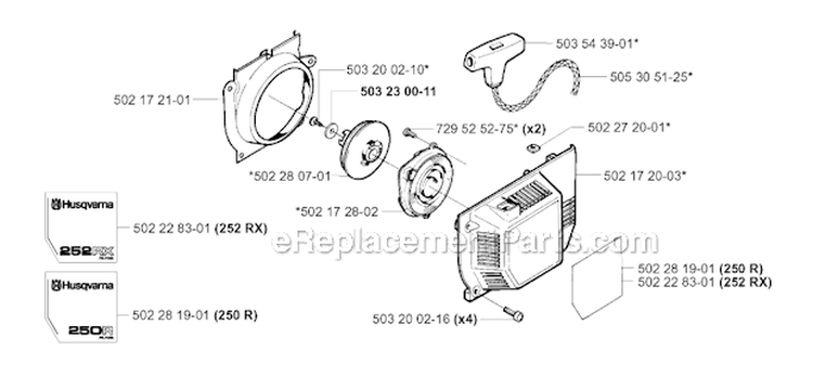 Starter Diagram and Parts List for 252RX 2001-05 Husqvarna Brush Cutter