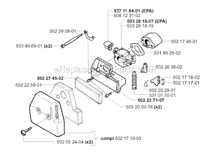 Carburetor  Air Filter Diagram and Parts List for 252RX 2001-05 Husqvarna Brush Cutter