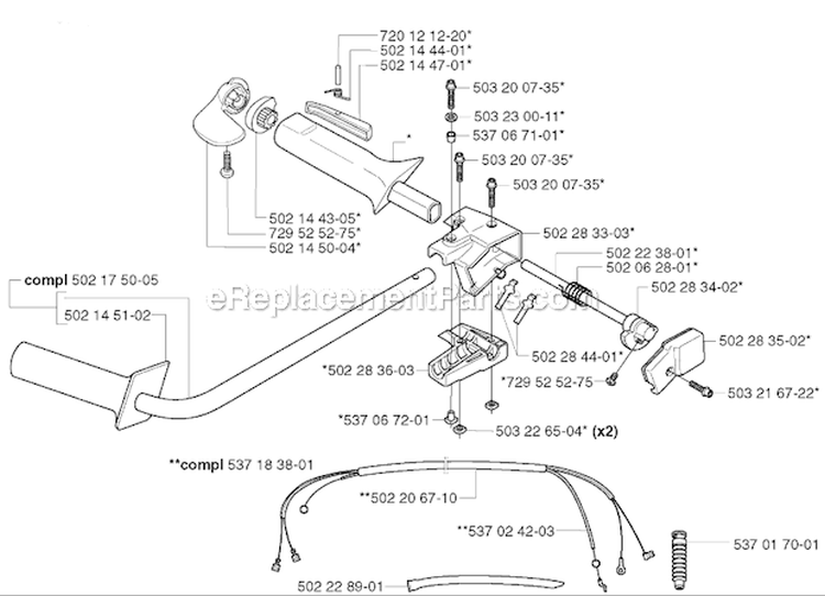 Handle  Controls Diagram and Parts List for 252RX 2002-08 Husqvarna Brush Cutter
