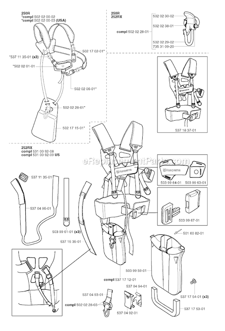 Harness Diagram and Parts List for 252RX 2002-08 Husqvarna Brush Cutter