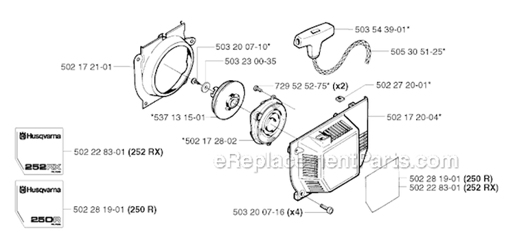 Starter Diagram and Parts List for 252RX 2002-08 Husqvarna Brush Cutter
