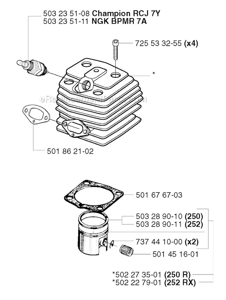 Cylinder Piston Diagram and Parts List for 252RX 2002-08 Husqvarna Brush Cutter