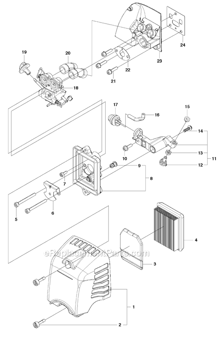 Carburetor  Air Filter Diagram and Parts List for 253RJ 2011-08 Husqvarna Brush Cutter