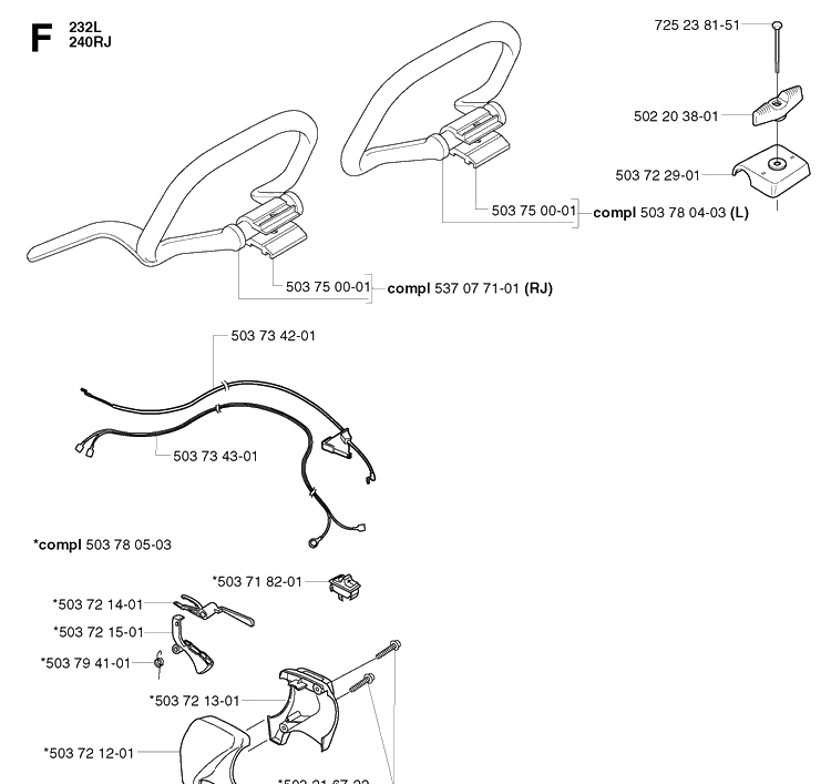 Handle And Controls Diagram and Parts List for 235R 20023500001-20060100000 Husqvarna Brush Cutter