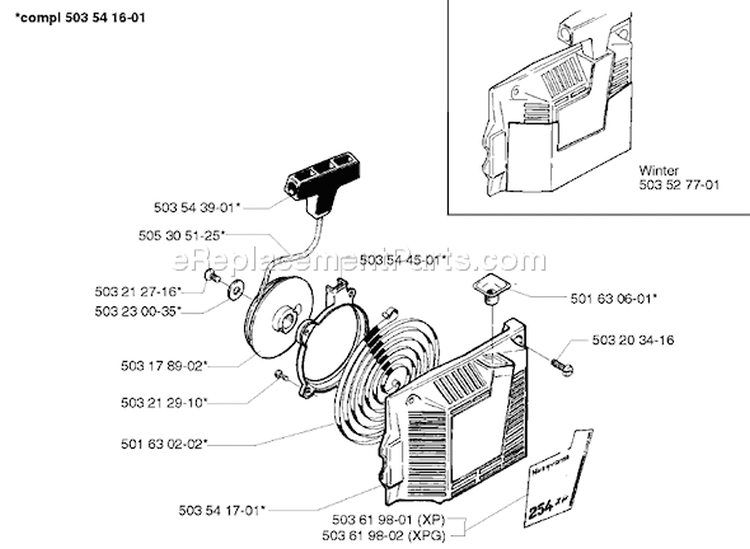 Page K Diagram and Parts List for 254 1998-03 Husqvarna Chainsaw
