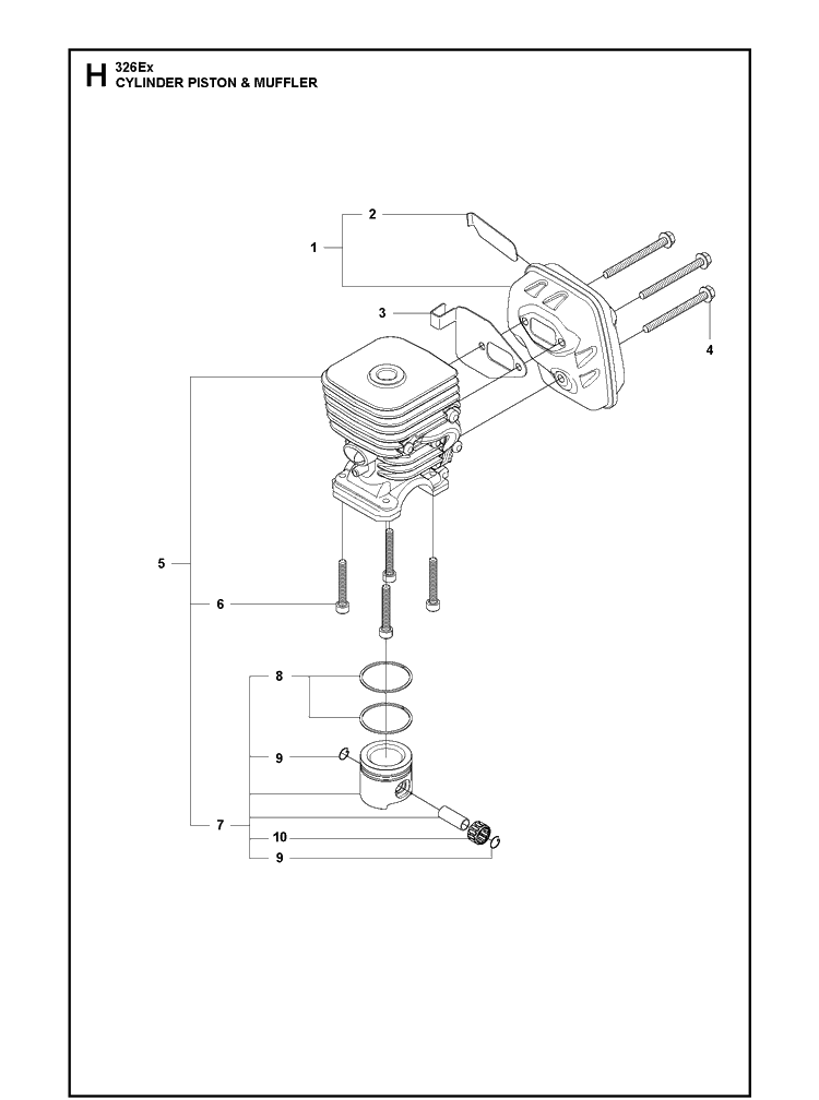 Cylinder, Piston And Muffler Diagram and Parts List for 326EX  Husqvarna Edger