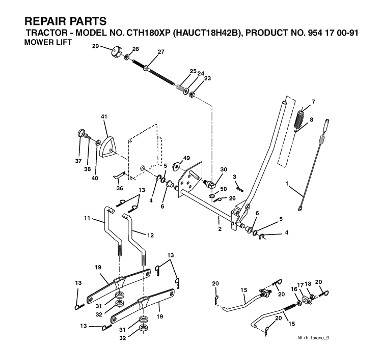 Mower Lift / Deck Lift Diagram and Parts List for CTH180XP (HAUCT18H42B)(2004-01) Husqvarna Lawn Tractor