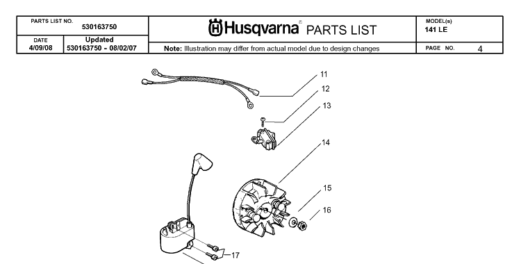 Ignition System Diagram and Parts List for 141LE 2008-06 Husqvarna Chainsaw