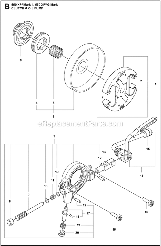 Clutch And Oil Pump Diagram and Parts List for 550XPGMARKII  Husqvarna Chainsaw