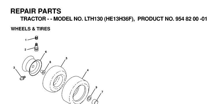 Wheels And Tires Diagram and Parts List for LTH130 (HE13H36F)(1998-12) Husqvarna Lawn Tractor