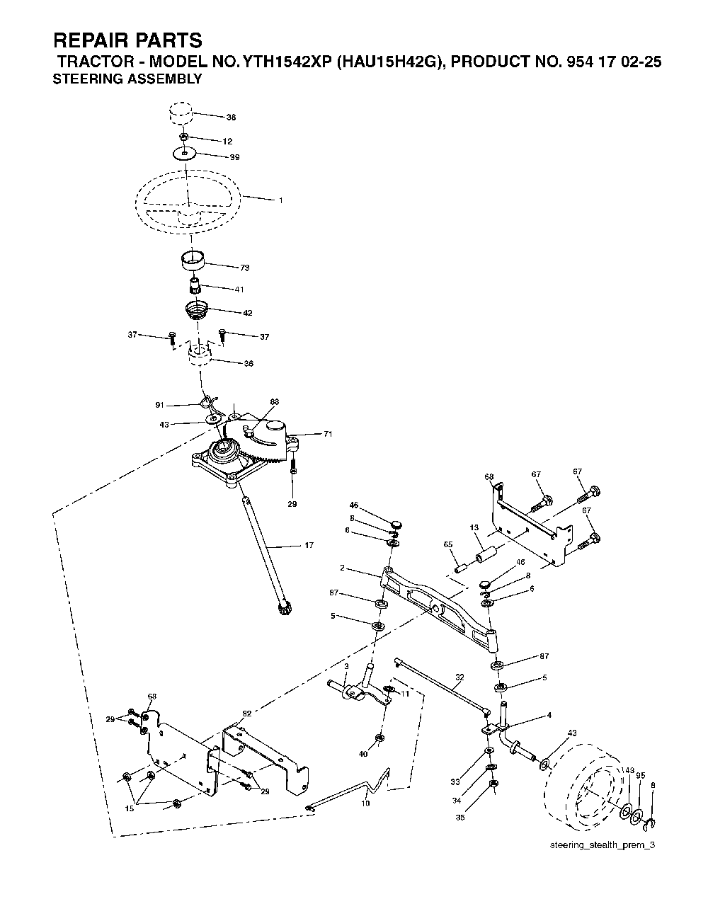 Steering Diagram and Parts List for YTH1542XP (HAU15H42G, 954170225)(2004-09) Husqvarna Lawn Tractor