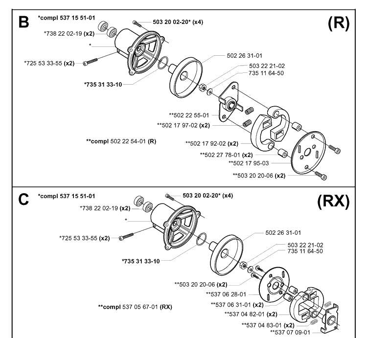 Clutch Diagram and Parts List for 252RX 20011800001-20023100000 Husqvarna Brush Cutter
