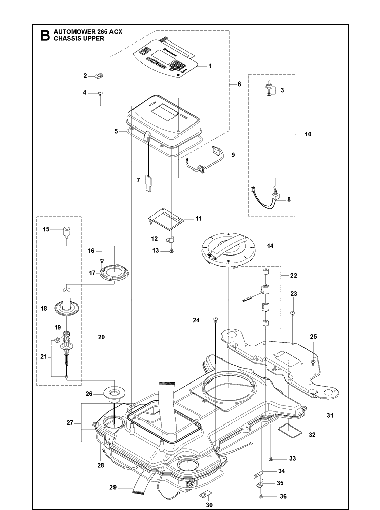 Chassis Upper Diagram and Parts List for 265ACX 2013-01 Husqvarna Lawn Mower
