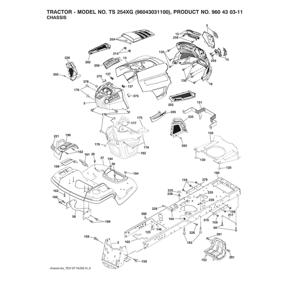 Chassis Diagram and Parts List for 96043031100  Husqvarna Lawn Tractor