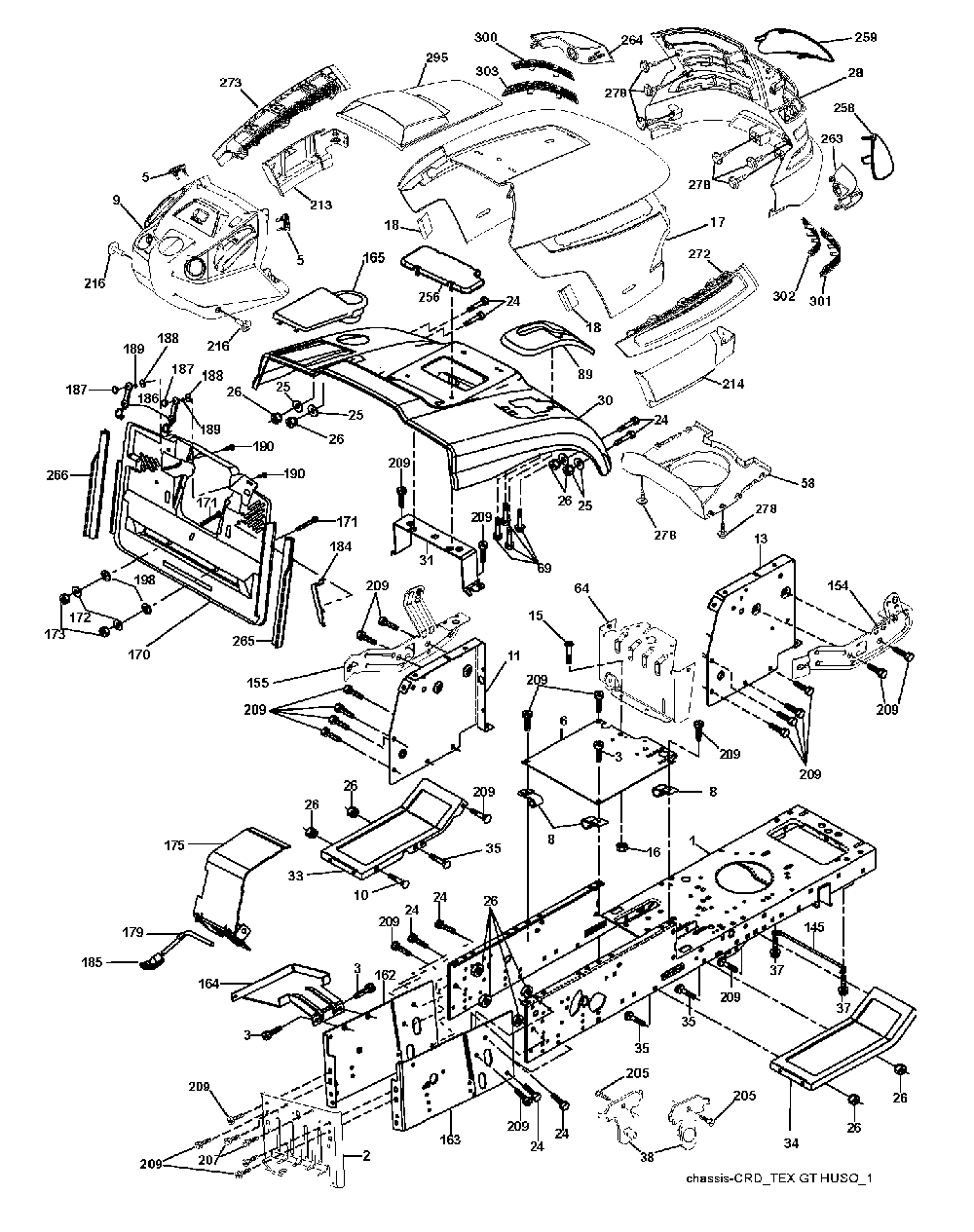 Chassis And Enclosures Diagram and Parts List for CTH220TWIN (96061026400)(2010-01) Husqvarna Lawn Tractor