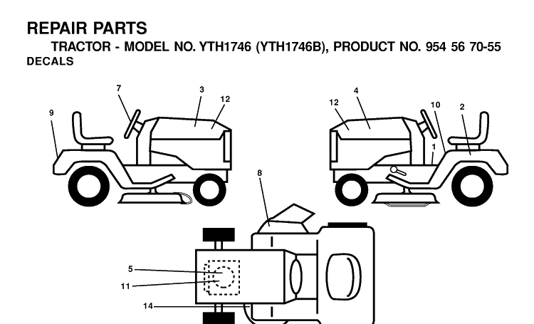Decals Diagram and Parts List for YTH1746 (954567055)(2001-01) Husqvarna Lawn Tractor