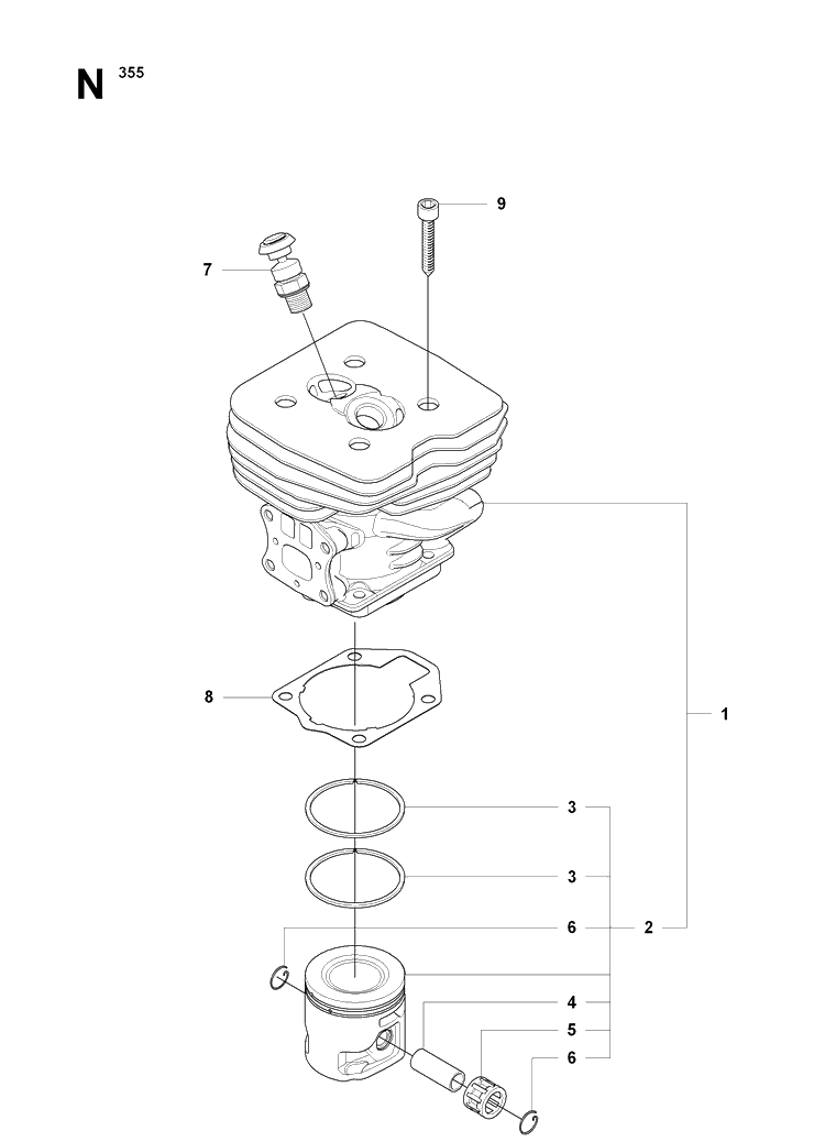 Cylinder Piston Diagram and Parts List for 355FX 20082700001-20192999999 Husqvarna Brush Cutter
