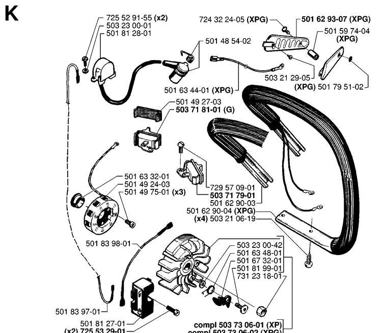 Electrical Diagram and Parts List for 242 19981800001-20013500000 Husqvarna Chainsaw