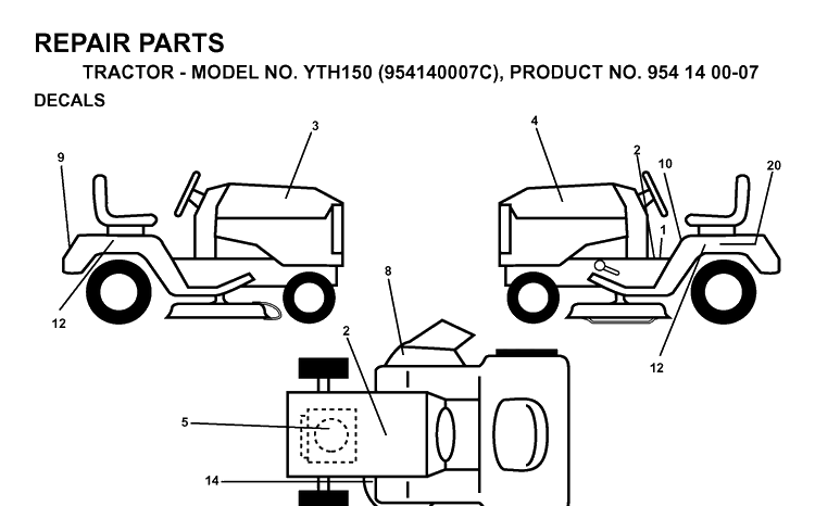 Decals Diagram and Parts List for YTH150 (954140007C)(1997-01) Husqvarna Lawn Tractor