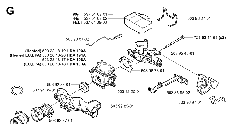 Carburetor And Air Filter Diagram and Parts List for 359 20050600001-20060600000 Husqvarna Chainsaw