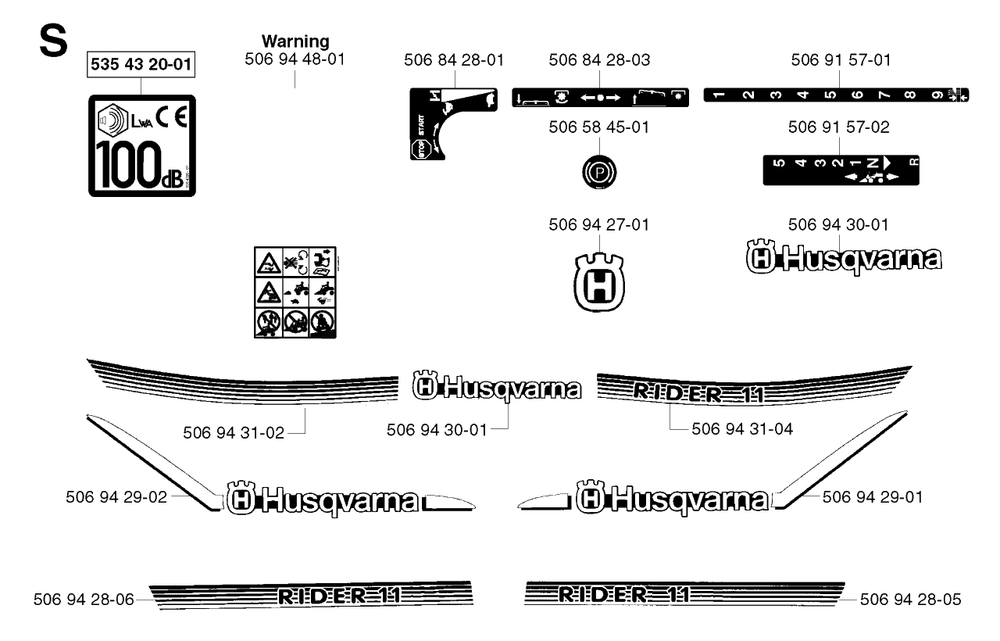 Decals Diagram and Parts List for R11 2002-02 Husqvarna Lawn Tractor