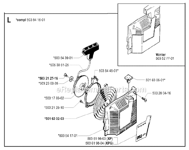Starter Diagram and Parts List for 262XP  Husqvarna Chainsaw