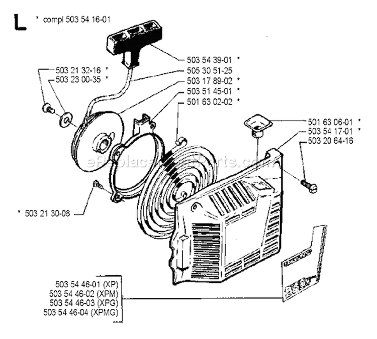 Page K Diagram and Parts List for 262 1990-03 Husqvarna Chainsaw