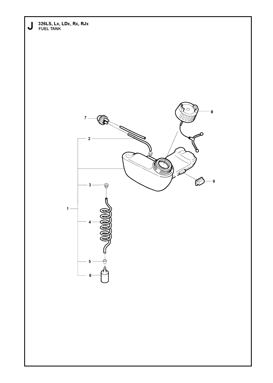 Fuel Tank Diagram and Parts List for 326RX 20091800001 & Above Husqvarna Trimmer
