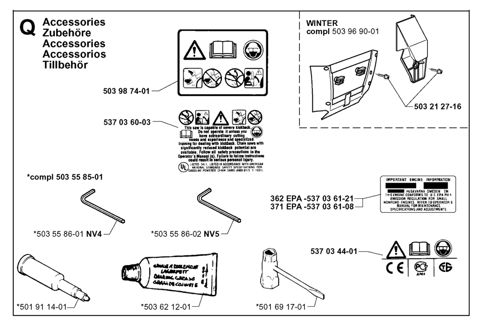 Accessories Diagram and Parts List for 371XP 19991800001 & Above Husqvarna Chainsaw