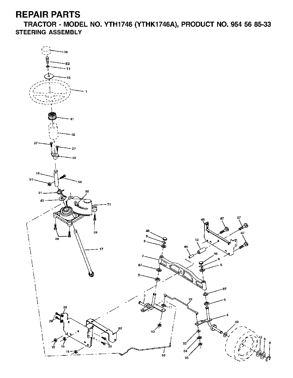 Steering Diagram and Parts List for YTH1746A (954568533)(2002-01) Husqvarna Lawn Tractor