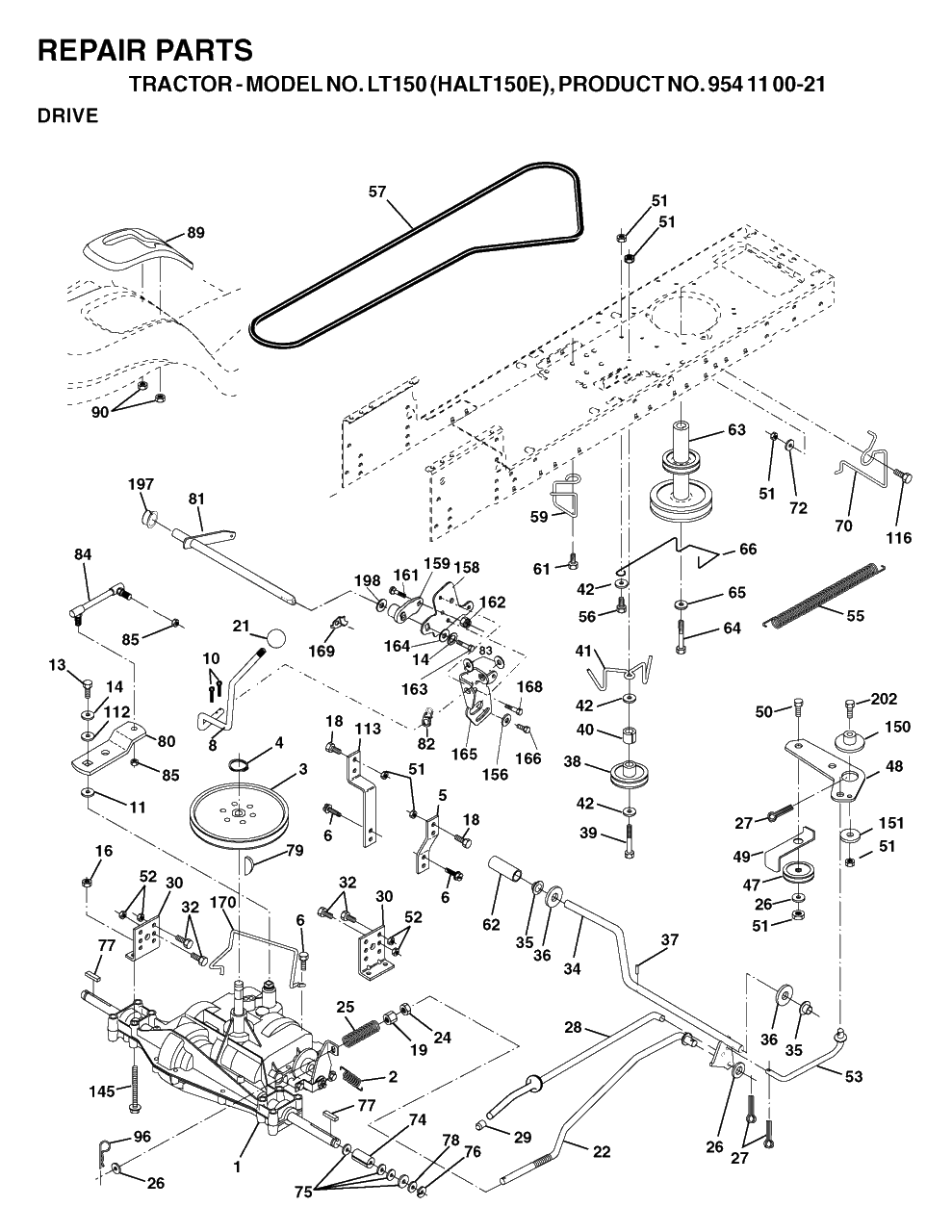 Drive Diagram and Parts List for LT150 (954110021-E)(2003-01) Husqvarna Lawn Tractor