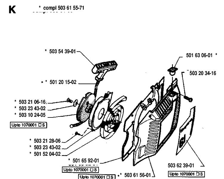 Starter Diagram and Parts List for 61 19933600001-19970100000 Husqvarna Chainsaw
