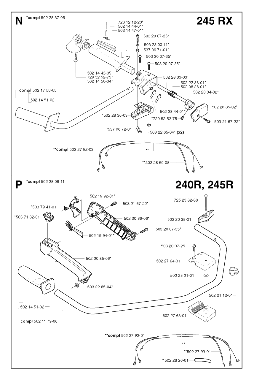 Handle And Controls Diagram and Parts List for 245RX 20023100001 & Above Husqvarna Trimmer