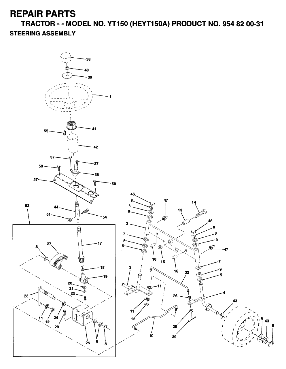 Steering Diagram and Parts List for YT150 (954820031-A)(1996-01) Husqvarna Lawn Tractor