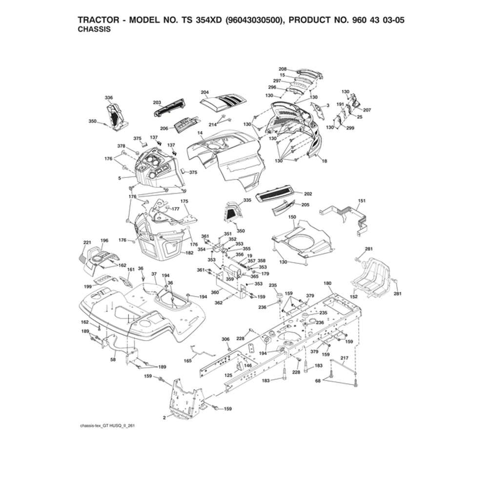 Chassis Diagram and Parts List for 96043030500  Husqvarna Lawn Tractor